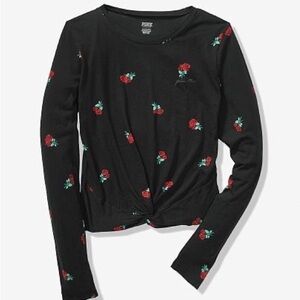 Victoria’s Secret PINK Girlfriend Black Floral Twist Hem Long Sleeve Top M